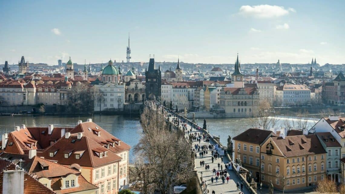 a view of a city with a river running through it