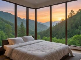 A bedroom with a view of the mountains