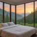 A bedroom with a view of the mountains