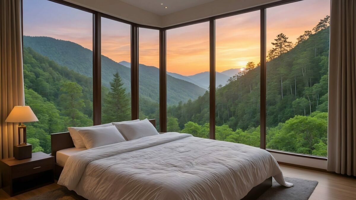 A bedroom with a view of the mountains