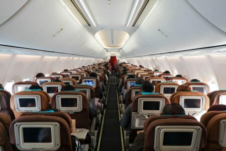 a row of empty seats in an airplane