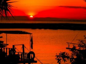 silhouette of people on boat on sea during sunset