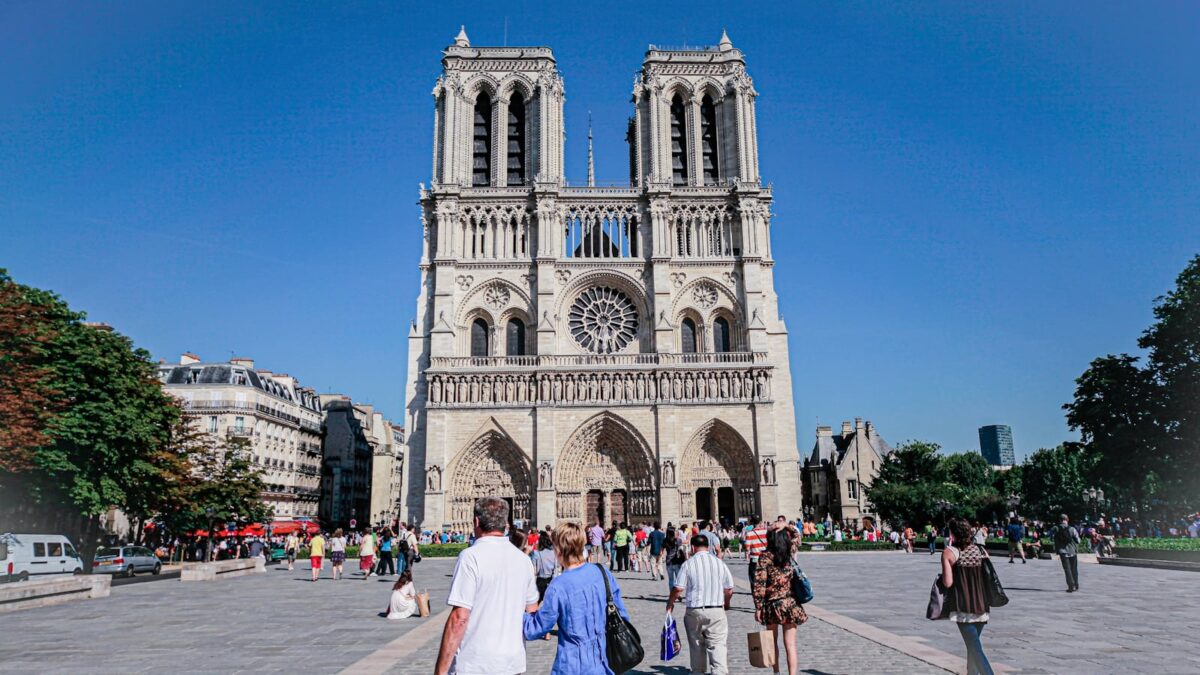 people near church building