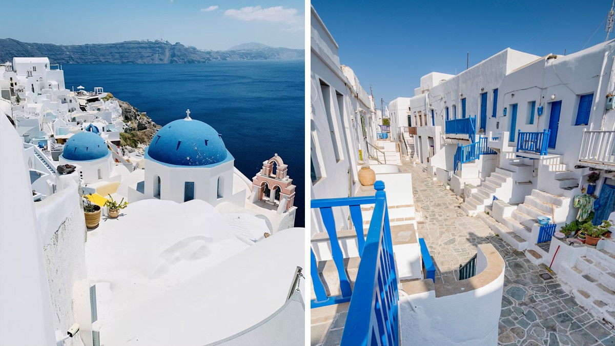 Links: Santorini, Foto: Chloé Lefleur / Unsplash

Rechts: Folegandros, Foto: Davide D. Phstock / Adobe Stock
